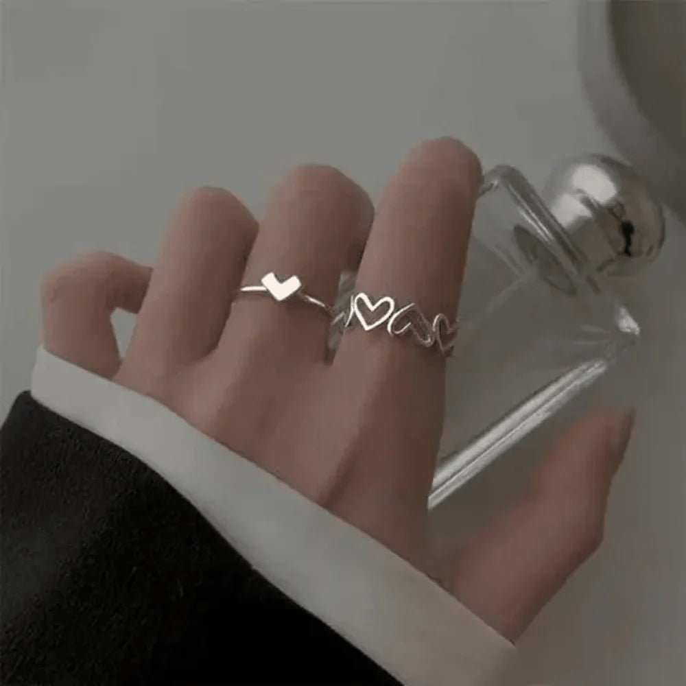 Korean Silver Plated Heart Decor 2pcs Rings Set For Women's & Girls