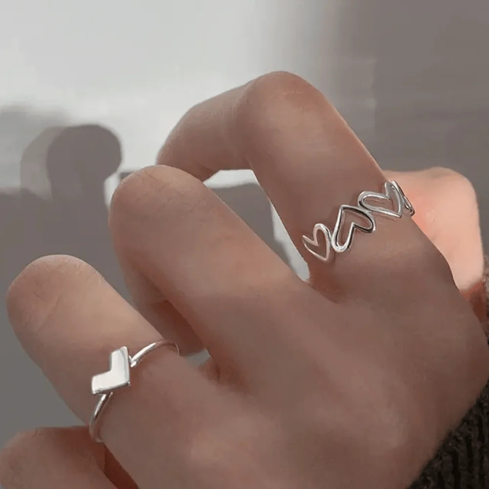 Korean Silver Plated Heart Decor 2pcs Rings Set For Women's & Girls