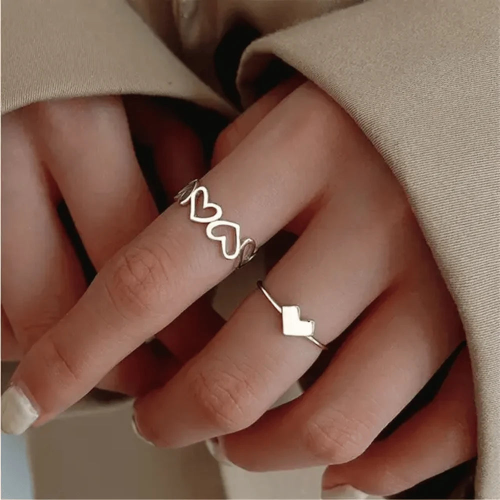 Korean Silver Plated Heart Decor 2pcs Rings Set For Women's & Girls